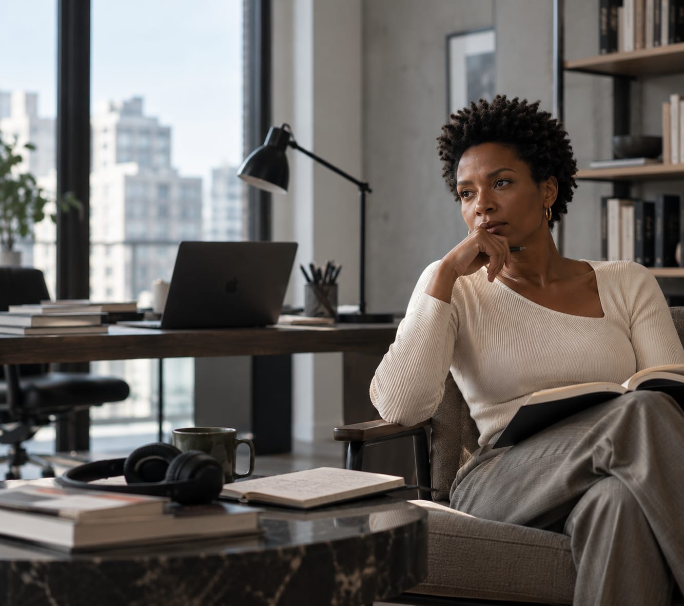 A woman reading by a window over the city, a laptop on the desk behind her