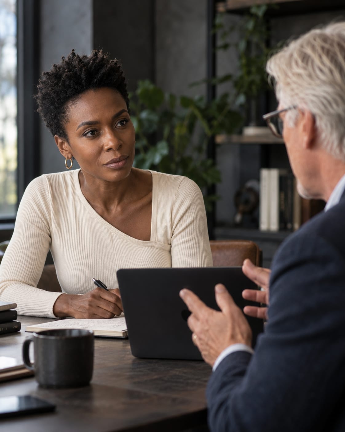 An executive coach in conversation with a client across a desk