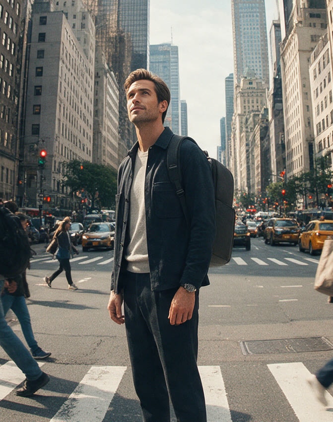 A man standing still on a busy city crosswalk, looking up