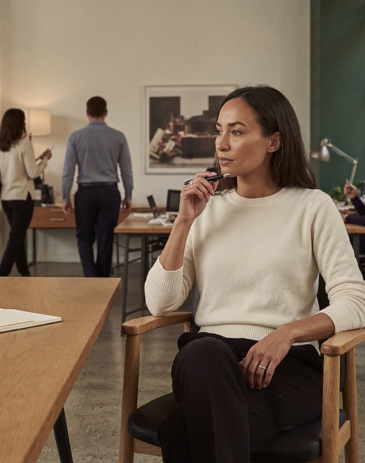 A woman in an open-plan office, thinking with a pen at her lips