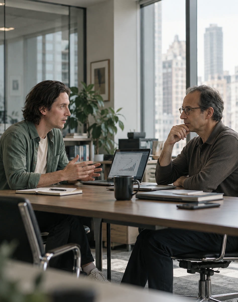 Two colleagues debating across a desk over a laptop