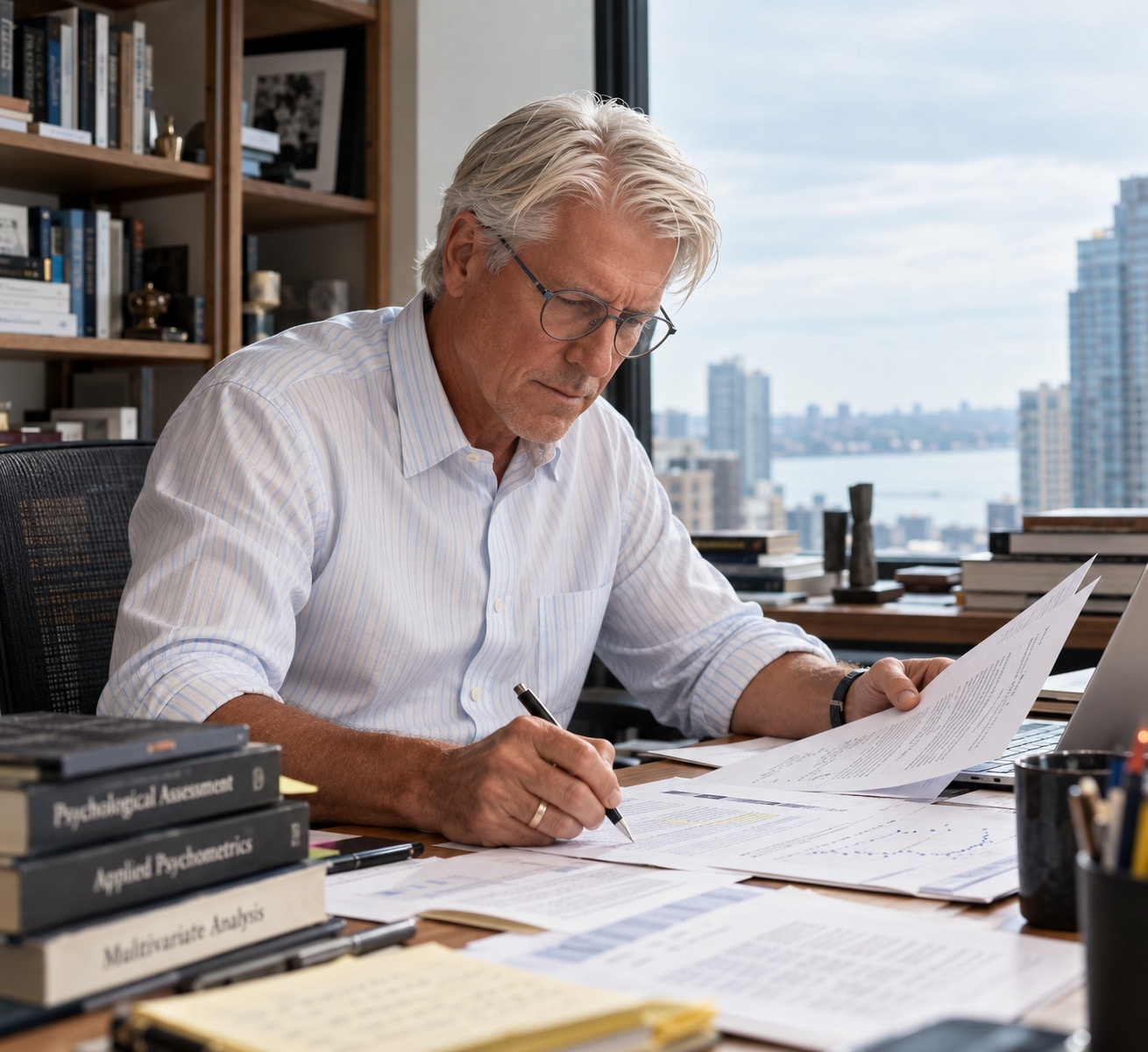 Dr. Dave Popple at his desk, annotating assessment papers beside books on psychometrics