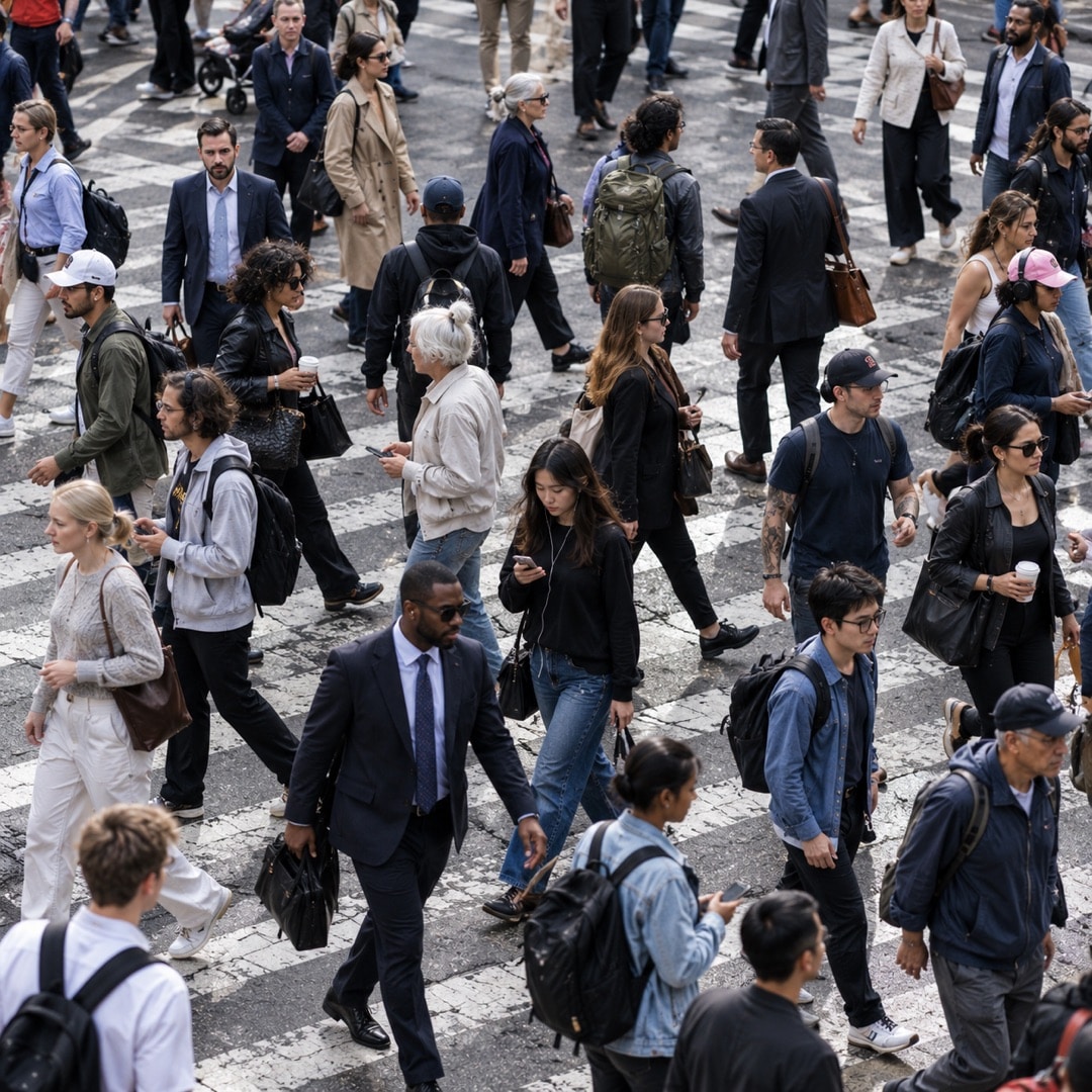 A crowd of people of different ages and backgrounds crossing a city street