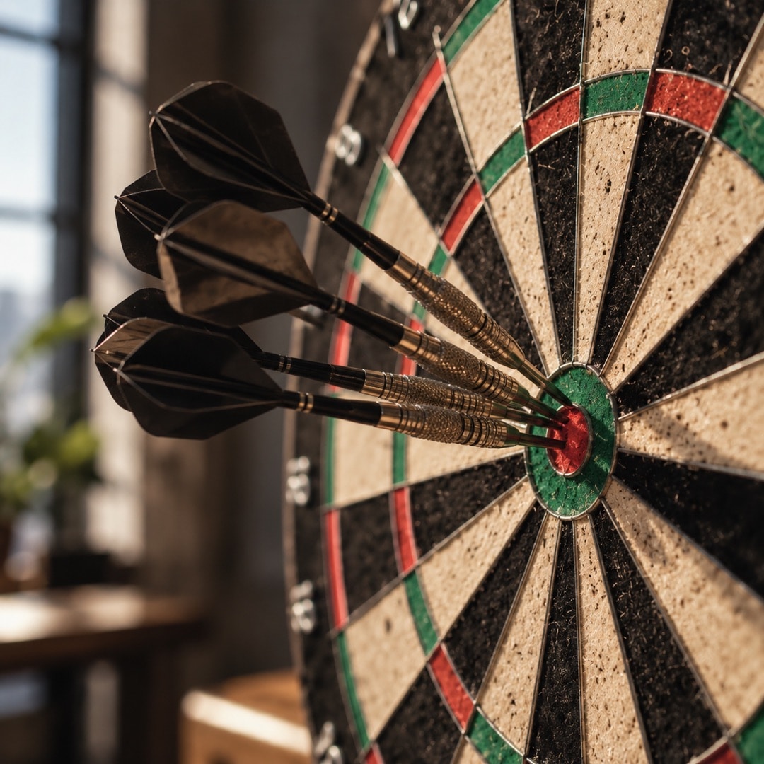 Three darts grouped tightly around the bullseye of a dartboard