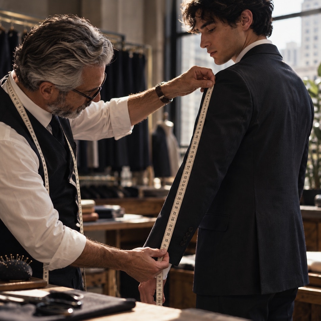 A tailor running a measuring tape down the sleeve of a client's suit jacket