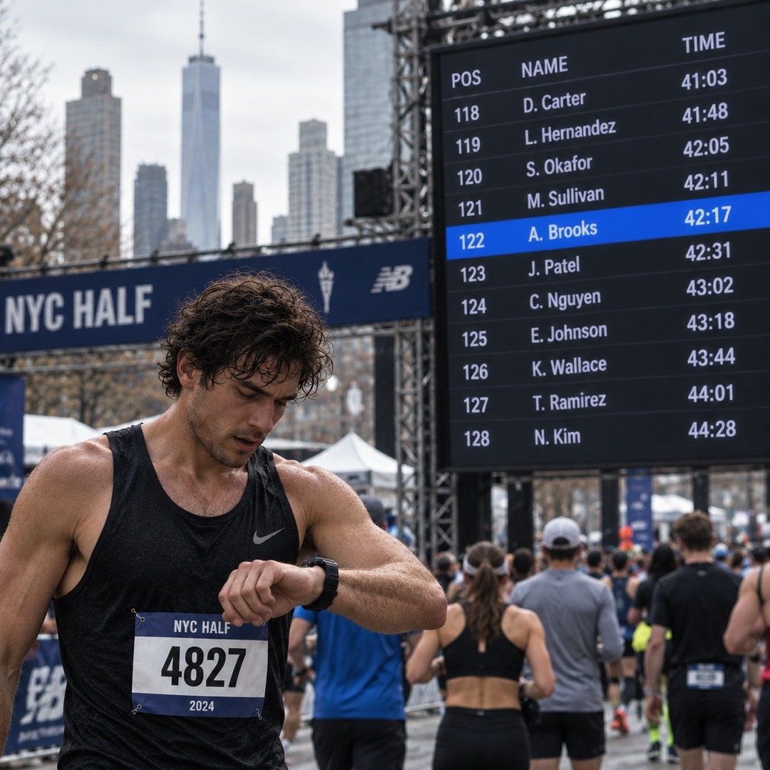 A half-marathon runner checking his watch in front of a race results board